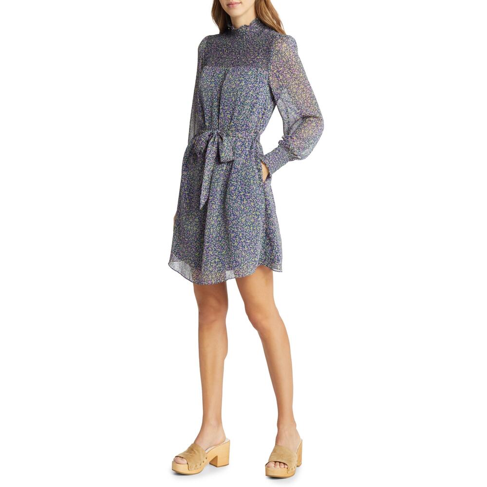 Boden 'Metallic' Black Stripe Floral Print Balloon Long Sleeve Smock Mock Neck